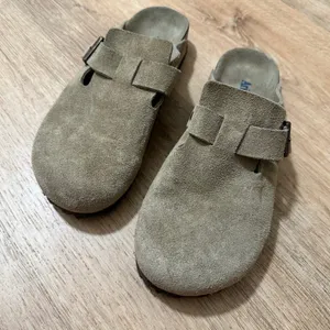 AriesUGG | Women's Taupe Suede Boston Clog Buckle Strap Mule Slip On Shoes, 38 thumbnail 1