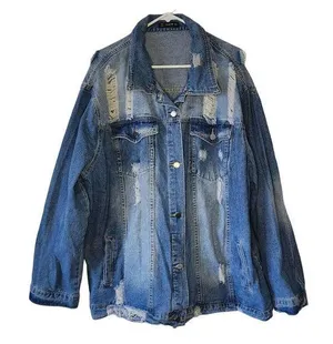 SHEIN Distressed Blue Denim Trucker Jacket Plus Size 4XL thumbnail 1
