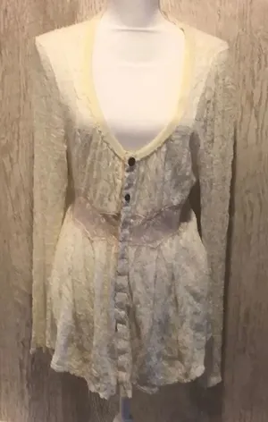 Free People Ivory Lace Cardigan Button Blouse Size M thumbnail 1