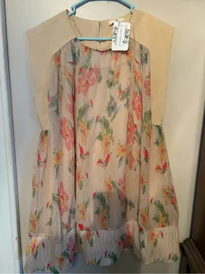 entro Cream Floral Mini Dress with Pink & Green Accents thumbnail 1