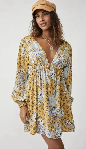 NWT Free People Soli Golden Hour‎ Combo Yellow V-Neck Long Sleeve Mini Dress thumbnail 1