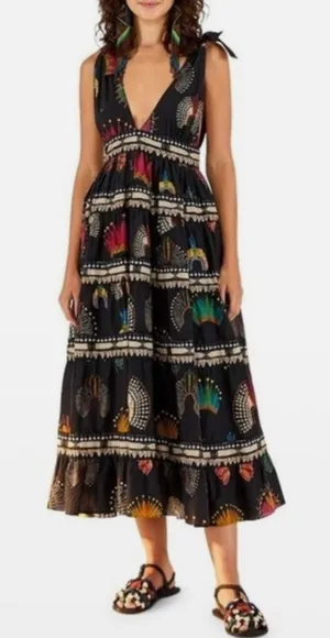 Farm Rio Tiered printed cotton-voile midi dress In Black Size Medium thumbnail 1