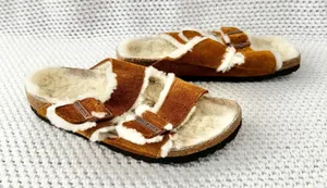 Birkenstock Arizona Double Strap Buckle Tan Suede Shearling Lined Sandals 36 thumbnail 1