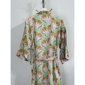 Women’s Cotton Robe Long Kimono Green Cheetah Print Jungle Loungewear Size 12 thumbnail 7