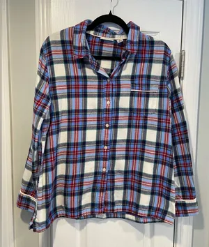 L.L. Bean Size M Blue Red 100% Cotton Plaid Flannel Button Up Pajama Top thumbnail 1