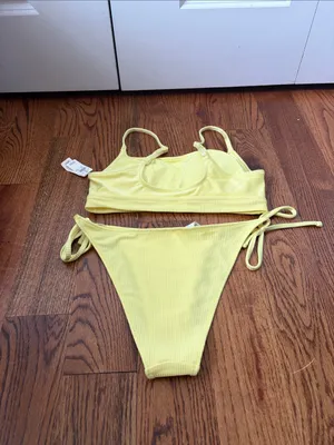 aerie Yellow Ribbed Tie-Side Bikini Top & Bottom size Large New thumbnail 4