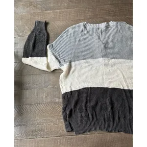 American Eagle Women's color-block gray white black waffle-knit henley sweater S thumbnail 8