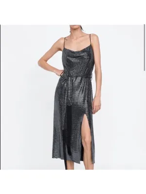 NWT Zara Silver Sequin Midi Dress With Fringed Belt and Side Slit thumbnail 2
