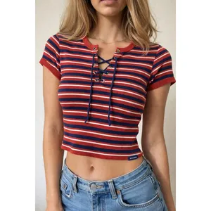 Vintage Y2K Abercrombie & Fitch Lace-Up Striped Baby Tee Rare Medium red blue‎ thumbnail 7