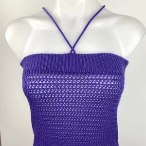 Womens Purple Open Knit Crochet Halter Bodycon Summer Swim Coverup Dress Size M thumbnail 2