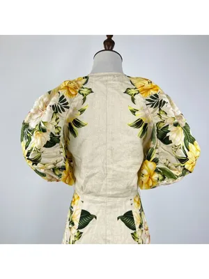 NWOT Farm Rio Linen Sand Garden Cascade Puff Sleeves Mini Dress Size M thumbnail 9