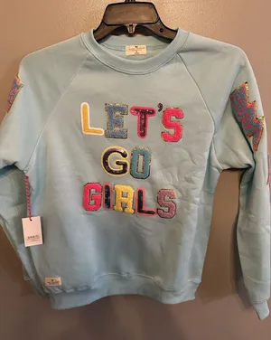 Simply Southern Let's Go Girls Sequin Lightning Bolt‎ Sweatshirt Light Blue S thumbnail 1