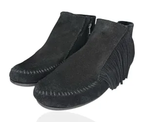 Minnetonka Lacy 9.5 Fringe Ankle Black Suede Leather‎ Bootie Shoe Moccasin Boho thumbnail 1