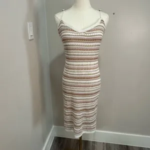 Olive + Oak Striped Knit Bodycon Midi Dress‎ Tan Cream Brown Womens Medium thumbnail 2