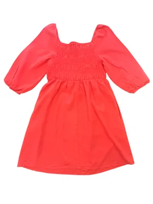 Isabel Maternity Smocked square neck Linen Puff Sleeve Mini Dress Coral NWT XS thumbnail 3