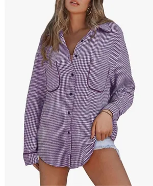 NEW Houndstooth Shacket Jacket Long Sleeve Button Down Shirt XL Purple thumbnail 1