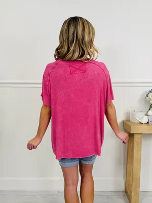 Zenana relaxed fit oversized ribbed short sleeve flowy top size s/m hot pink NIB thumbnail 2