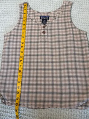 Vintage 90s Patagonia Tank Top Women Medium Organic Cotton Tan Green Plaid Shirt thumbnail 9