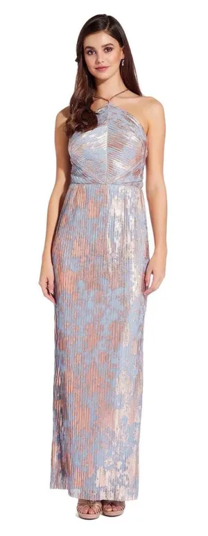 Adrianna Papell Pleated Foil Dress‎ Size 12 Blue Slate Multi Full Length Maxi thumbnail 1