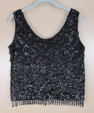 Vintage Cyn Les Black Wool Sequined & Beaded Scalloped Design Tank Top Medium thumbnail 1