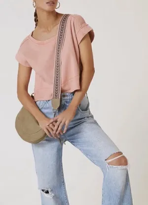 Anthropologie Pilcro Cropped Cut Off Short Sleeve Sweatshirt Pink Coral Medium thumbnail 1
