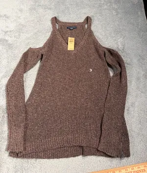American Eagle Women’s Cold-Shoulder Knit Sweater Brown XS NWT MSRP$50 thumbnail 1