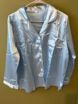 Light Blue Satin Button Front Pajama Set Size L thumbnail 2