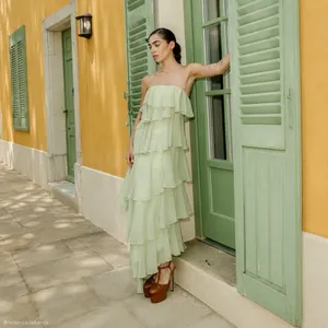 Meshki | NWT Alexa Ruffle Chiffon Strapless Maxi Dress in Pastel Lime | XS thumbnail 4