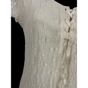 KIRIOUS Lace Up Midi Dress Cream Boho Sheer Lace Textured Slit Festival Beach S thumbnail 6