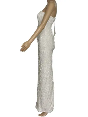 DRESS THE POPULATION Izza 3D Floral Sequined Gown, White, XXS thumbnail 4