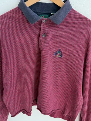 Vintage IZOD Polo Shirt Red Navy Distressed Cropped Long Sleeve 100% Cotton thumbnail 5