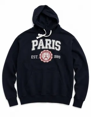 Navy blue hoodie with white text reading 'PARIS' with a circular emblem below #paris thumbnail 1