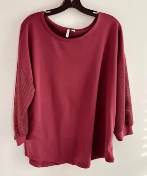 LIVE WELL Lifestyle Mesh Sleeve Sweatshirt Pullover Top Burgundy Wine Size L thumbnail 1
