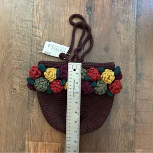 ANTHROPOLOGIE brown crochet wool bag with crochet flowers, NWT thumbnail 11