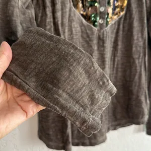 Free People Henley Sequin Bib Brown Long Sleeve T-Shirt Small thumbnail 4