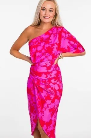 One Shoulder Pink and Red Midi Dress Size S thumbnail 1