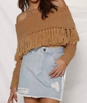 Angashion Off Shoulder‎ Fringe Gold Sweater thumbnail 1