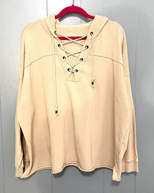 Aerie Beige Lace Up Cotton Beach Oversized Loungewear Boho Hoodie M thumbnail 1