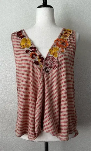 Free People Frida Floral Embroidered Striped Wrap Gauzy Knit Tank Top, Sz Medium thumbnail 1