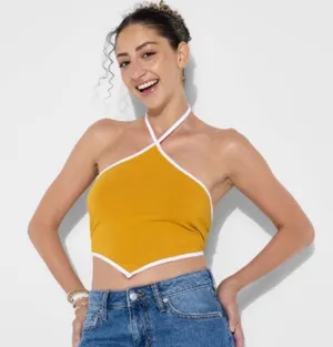 Wild Fable Yellow Handkerchief‎ Halter Top White Ringer Trim Small Sporty Retro thumbnail 1