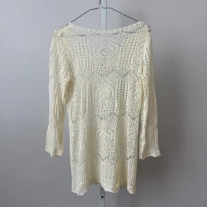VTG sz L Ivory Crochet Knit Tunic Top Pointelle Boho‎ Cream Cottagecore Coquette thumbnail 4