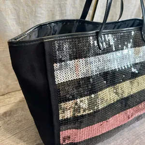 Victorias Secret Metallic Sequin Striped Large Black Tote Gold Red Silver Bag thumbnail 4