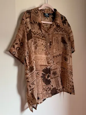 Y2K Sheer Brown & Beige Printed Button Down Shirt Size 1X thumbnail 3