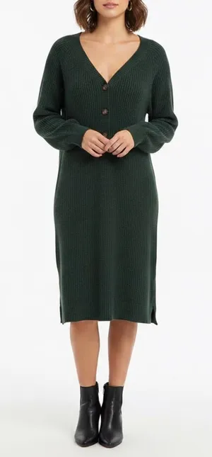 Old Navy Womens XL Forest Green Ribbed Henley V-Neck Long Sleeve Sweater Dress thumbnail 1
