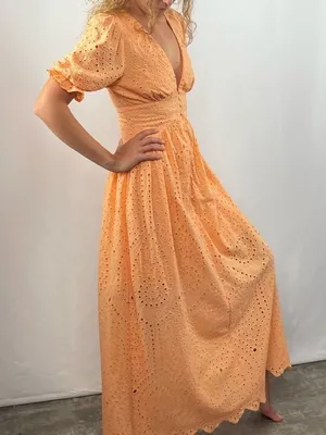 Sundress Deep V Eyelet Puff Sleeve Maxi Dress in Orange‎ Size Extra Small thumbnail 1