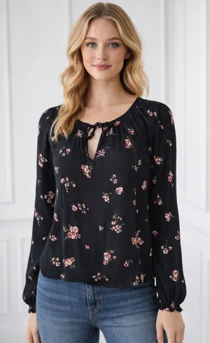 Hollister‎ Shirt Women XS Black Floral Long Sleeve Boho Top NWT Whimsigoth thumbnail 1
