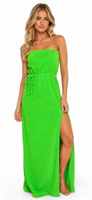 Vintage Chantel Terry Cloth Maxi Dress M Lime Green Strapless Pool Cover Up Slit thumbnail 1