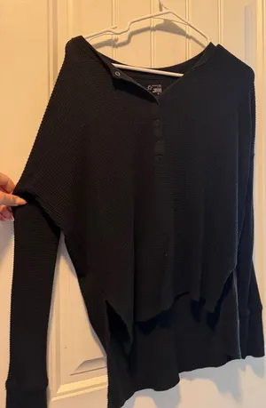 aerie Black Waffle-Knit Button Henley Top thumbnail 1
