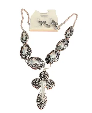 Icon Collection Silver Cross Necklace Earring Set Lead Nickel Safe New on Card thumbnail 1