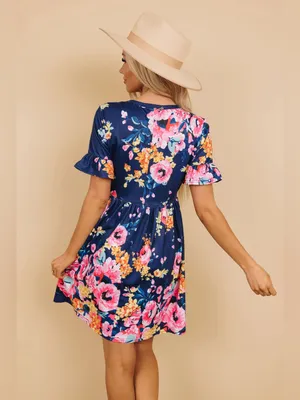 Navy Floral Ruffle Sleeve Women’s Dress thumbnail 2